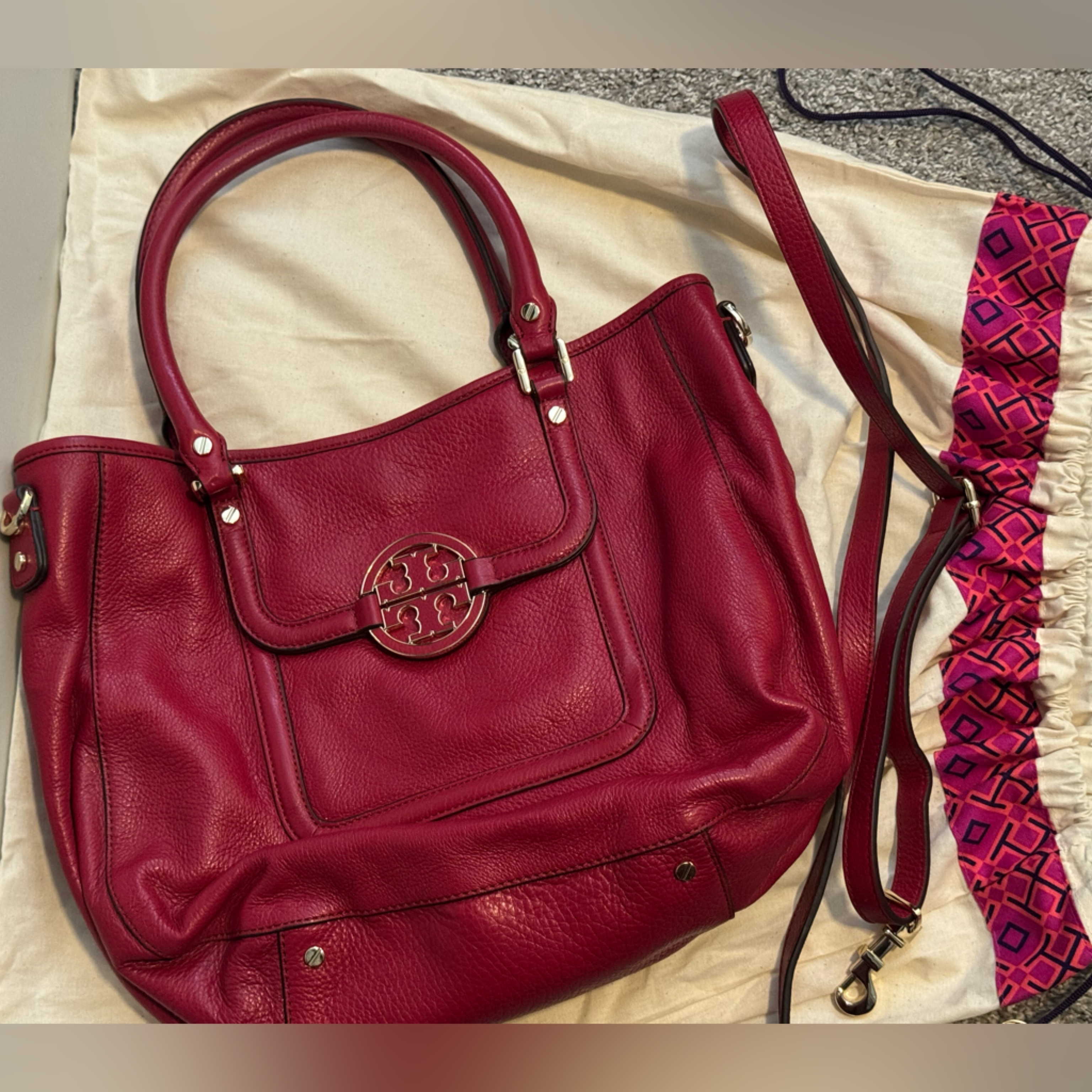Tory Burch Amanda Tote Raspberry-Colored Pebbled Leather Large Shoulder Bag Euc